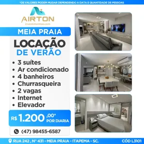 Apartamento com 3 Quartos para alugar, 120m² no Meia Praia, Itapema