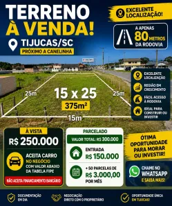 Lote/Terreno à venda, 375m² no , Canelinha