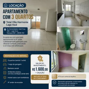 Apartamento com 3 Quartos para alugar, 71m² no Lago Azul, Manaus