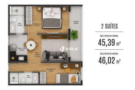 Apartamento com 2 Quartos à venda, 46m² no Rebouças, Curitiba