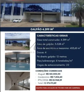 Galpão/Depósito/Armazém para alugar, 4399m² no Techno Park, Campinas
