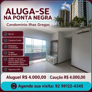Apartamento com 3 Quartos para alugar, 94m² no Ponta Negra, Manaus