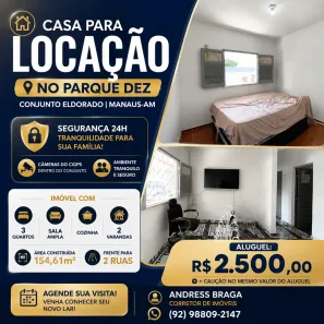 Casa com 3 Quartos para alugar, 154610m² no Parque 10 de Novembro, Manaus