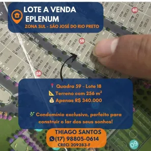 Lote/Terreno à venda, 256m² no Eplenum Tresor, São José do Rio Preto