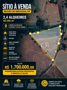 Fazenda/Sítio com 3 Quartos à venda, 58080m² no Área Rural de Mirassol, Mirassol