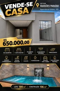 Casa com 3 Quartos à venda, 106m² no Mansões Paraíso, Aparecida de Goiânia