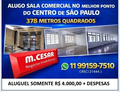 Sala Comercial para alugar, 378m² no Centro, São Paulo