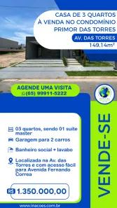 Casa de Condomínio com 3 Quartos à venda, 149m² no Condomínio Primor das Torres, Cuiabá