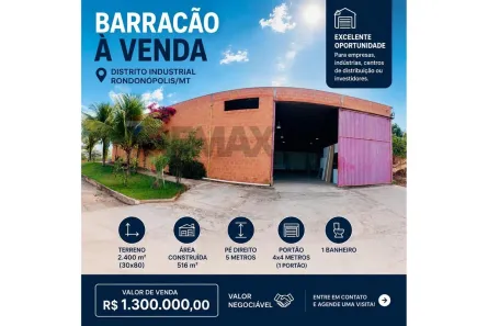 Galpão/Depósito/Armazém à venda, 517m² no Distrito Industrial, Rondonópolis