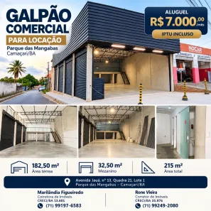 Galpão/Depósito/Armazém para alugar, 182m² no Parque das Mangabas, Camaçari