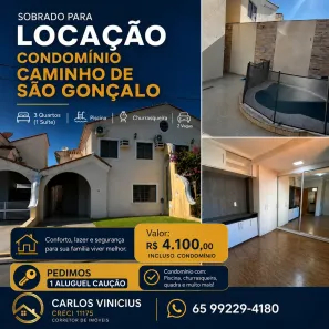 Casa de Condomínio com 3 Quartos para alugar, 200m² no Coophema, Cuiabá