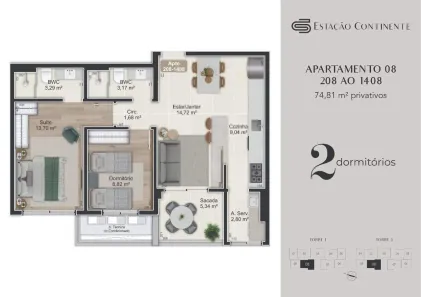 Apartamento com 2 Quartos à venda, 75m² no Campinas, São José