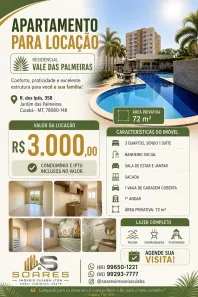 Apartamento com 3 Quartos para alugar, 72m² no Jardim das Palmeiras, Cuiabá