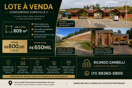 Lote/Terreno à venda, 809m² no Condomínio Residencial Euroville II, Bragança Paulista