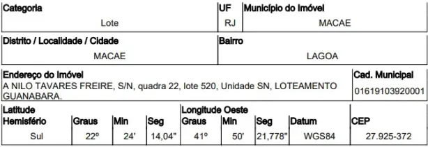 Lote/Terreno à venda, 469m² no Lagoa, Macaé