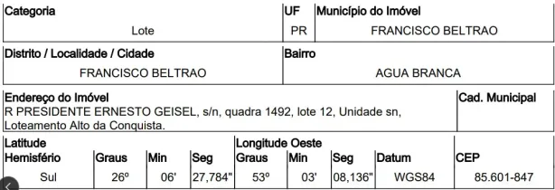 Lote/Terreno à venda, 337m² no Água Branca, Francisco Beltrão