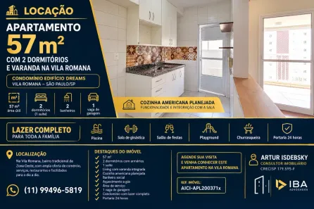 Apartamento com 2 Quartos para alugar, 57m² no Vila Romana, São Paulo