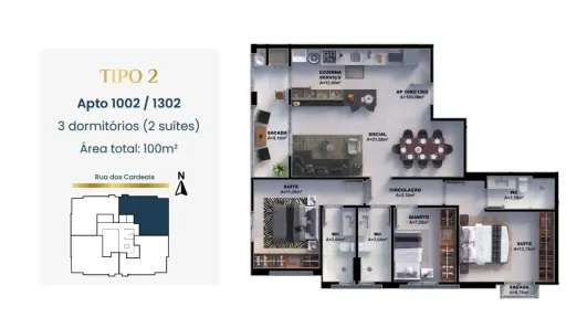Apartamento com 3 Quartos à venda, 100m² no Pedra Branca, Palhoça