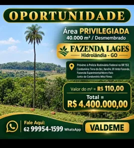 Lote/Terreno à venda, 40000m² no Área Rural de Hidrolândia, Hidrolândia