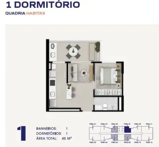 Apartamento com 1 Quarto à venda, 45m² no Condomínio Royal Park, São José dos Campos