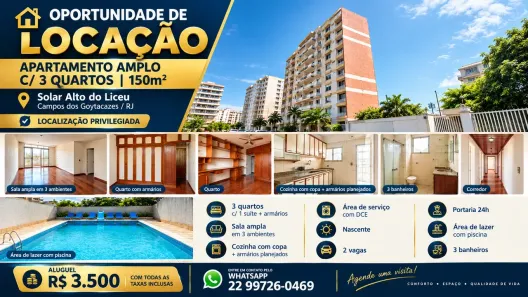 Apartamento com 3 Quartos para alugar, 155m² no Centro, Campos dos Goytacazes