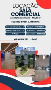 Sala Comercial para alugar, 342m² no Techno Park, Campinas