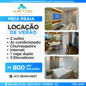 Apartamento com 2 Quartos para alugar, 81m² no Meia Praia, Itapema
