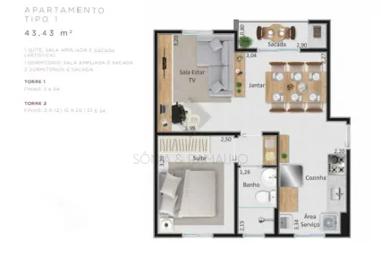 Apartamento com 1 Quarto à venda, 43m² no Bonfim Paulista, Ribeirão Preto