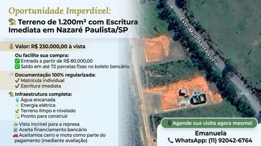 Lote/Terreno à venda, 1200m² no Bairro do Divininho, Nazaré Paulista