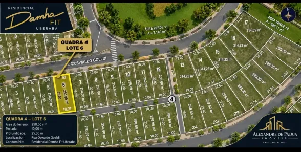 Lote/Terreno à venda, 250m² no Loteamento Residencial Damha Fit, Uberaba