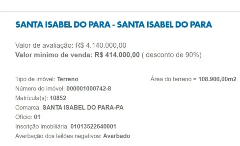 Lote/Terreno com 1 Quarto à venda, 108900m² no Jardim Paraíso, Santa Izabel do Pará