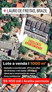 Lote/Terreno à venda, 1000m² no Pitangueiras, Lauro de Freitas