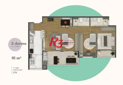 Apartamento com 3 Quartos à venda, 81m² no Centro, São Vicente