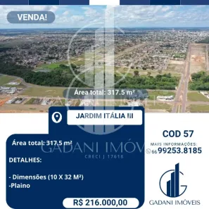Lote/Terreno à venda, 317m² no Jardim Itália III, Sinop
