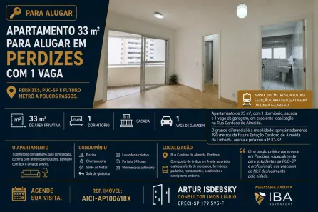 Apartamento com 1 Quarto para alugar, 33m² no Perdizes, São Paulo