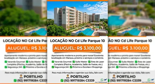 Apartamento com 2 Quartos para alugar, 63m² no Parque 10 de Novembro, Manaus