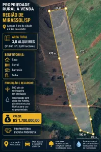 Fazenda/Sítio com 3 Quartos à venda, 91960m² no Área Rural de Mirassol, Mirassol
