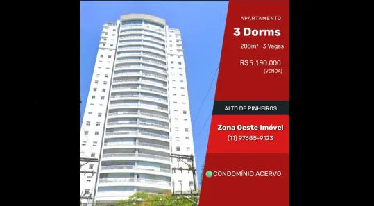 Apartamento com 3 Quartos para venda ou aluguel, 208m² no Alto de Pinheiros, São Paulo