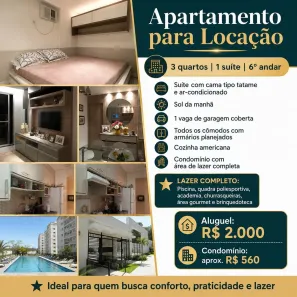 Apartamento com 3 Quartos para alugar, 67m² no Coxipó, Cuiabá