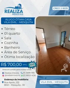 Casa com 1 Quarto para alugar, 40m² no Vila Emil, Mesquita
