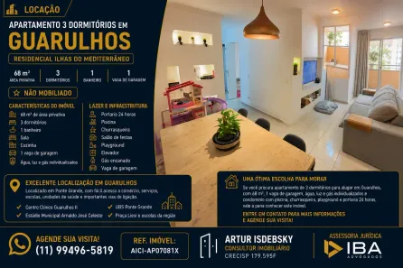 Apartamento com 3 Quartos para alugar, 68m² no Ponte Grande, Guarulhos