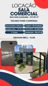 Sala Comercial para alugar, 342m² no Techno Park, Campinas
