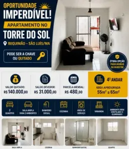 Apartamento com 2 Quartos à venda, 55m² no Bequimão, São Luís