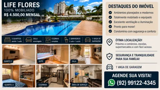 Apartamento com 3 Quartos para alugar, 75m² no Flores, Manaus