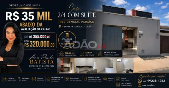 Casa com 2 Quartos à venda, 103m² no Residencial Paraíso, Senador Canedo