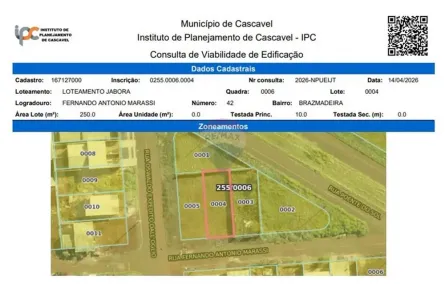 Lote/Terreno à venda, 250m² no Brazmadeira, Cascavel